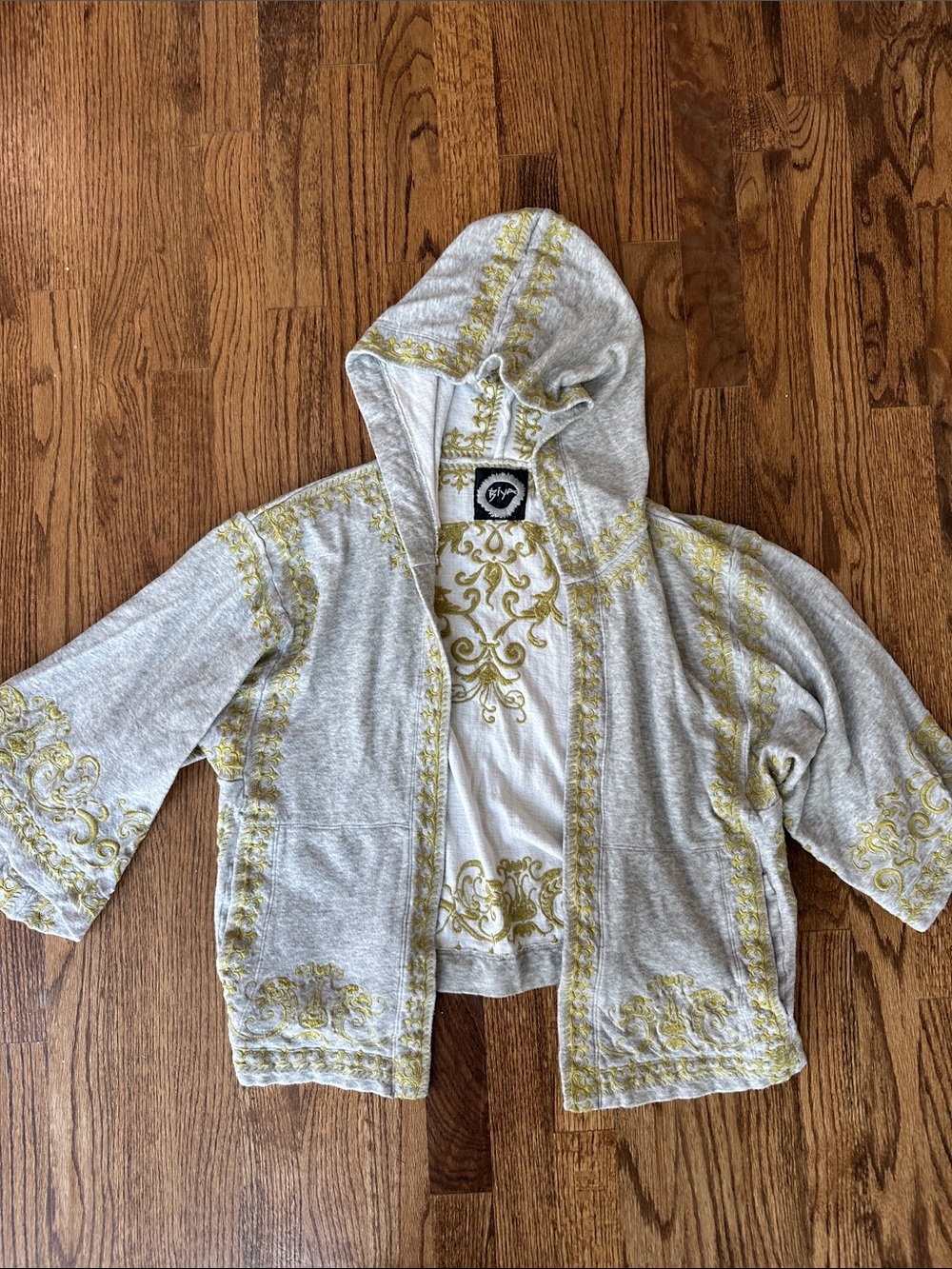 Embroidered Hooded Gray Cape Jacket with Yellow Trim
